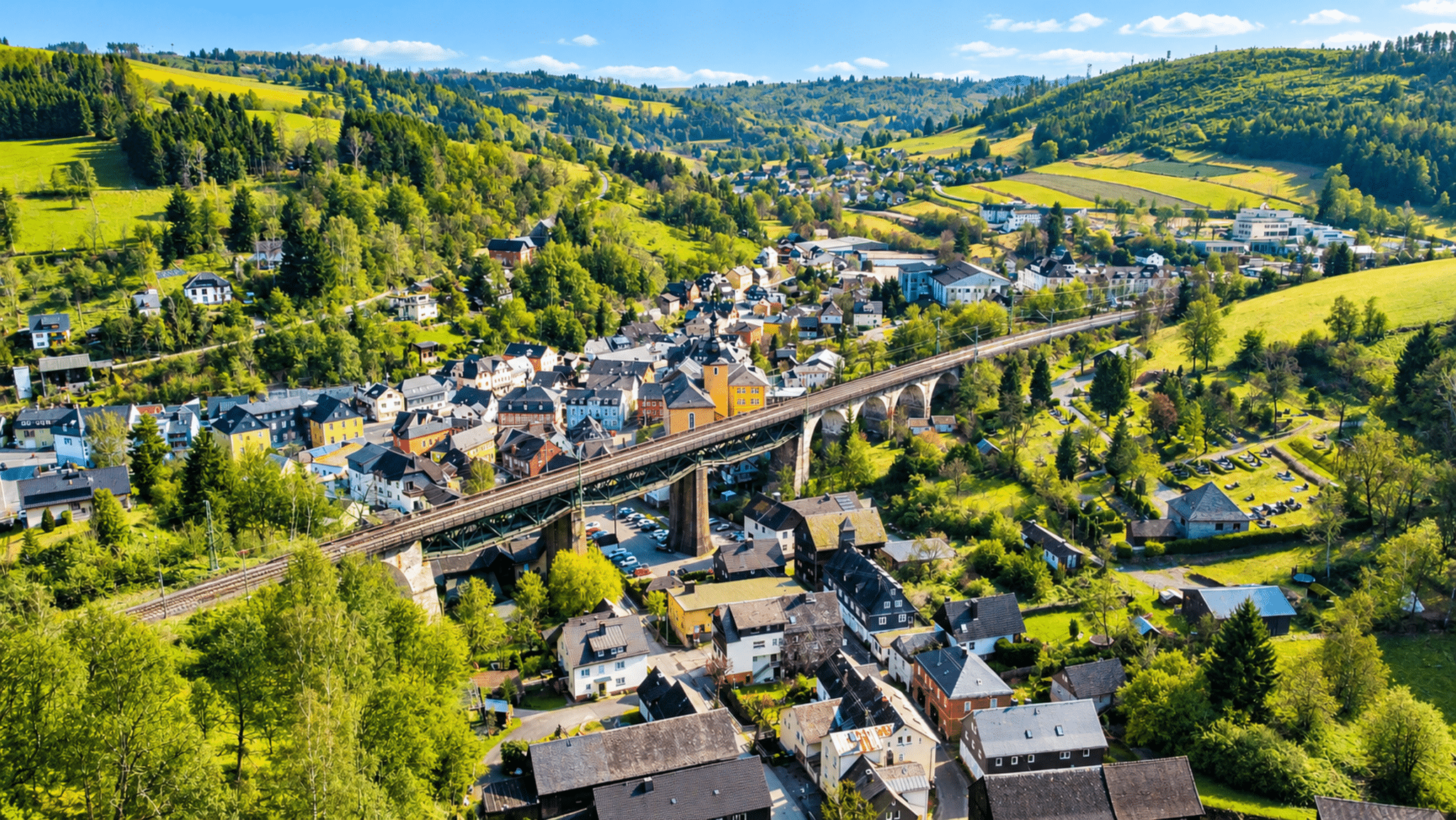 Luftaufnahme mit Blick auf eine Kleinstadt in einer Mittelgebirgslandschaft